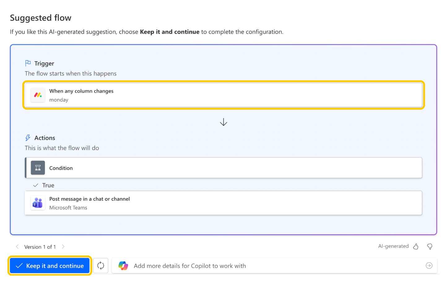 Copilot's suggested flow: monday trigger When any column changes, a Condition, and Post message in a chat or channel