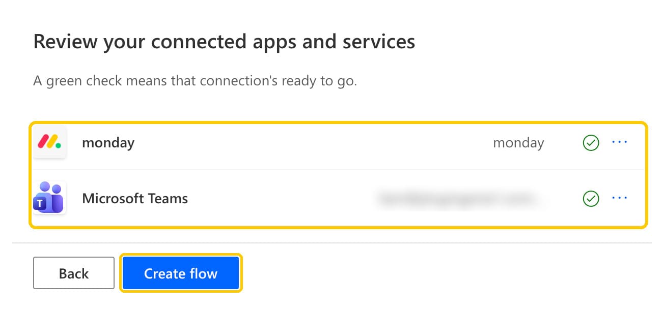 Make sure everything's ready page showing green checks for monday and Microsoft Teams, and the Create flow button