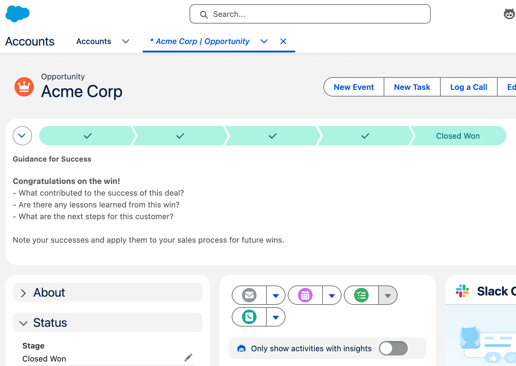 Salesforce opportunity for Acme Corp marked Closed Won