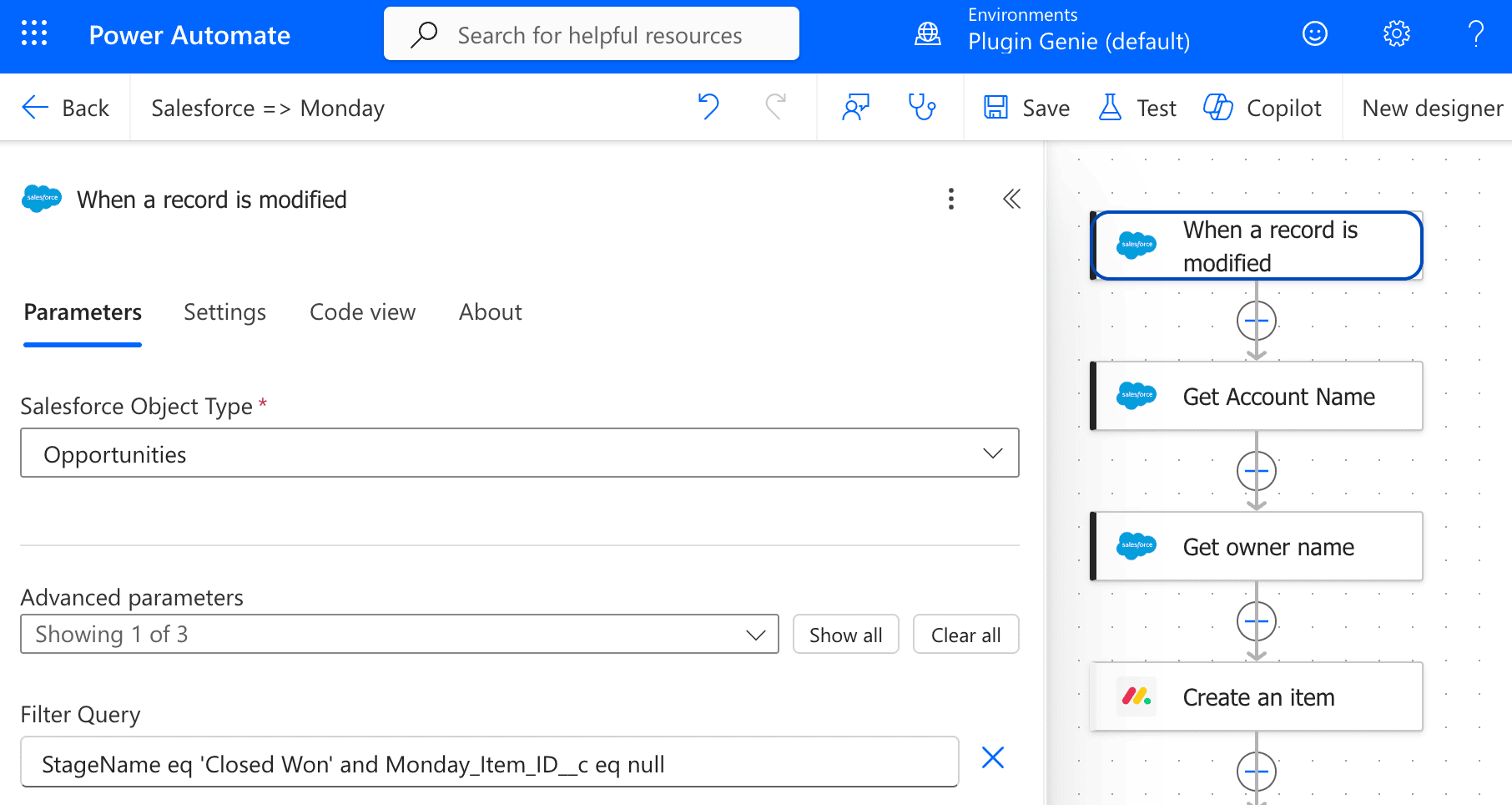 Power Automate Salesforce trigger When a record is modified, filtered to Closed Won opportunities