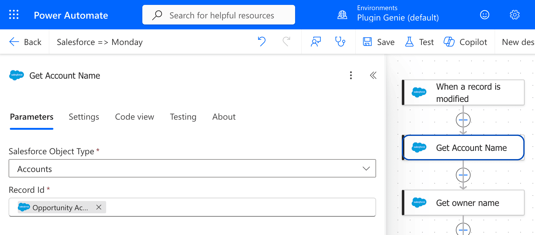Two Salesforce Get record actions looking up the account and the opportunity owner