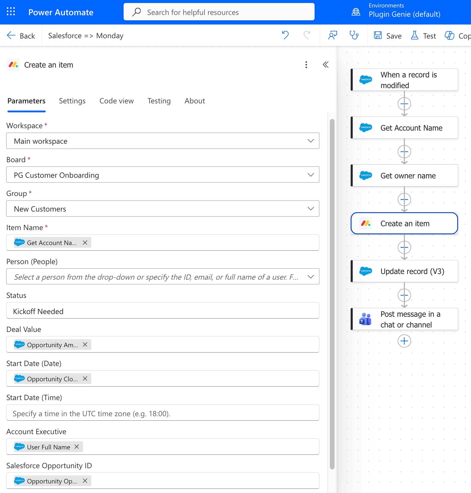 Plugin Genie Create an item action mapping Salesforce opportunity details to monday.com columns