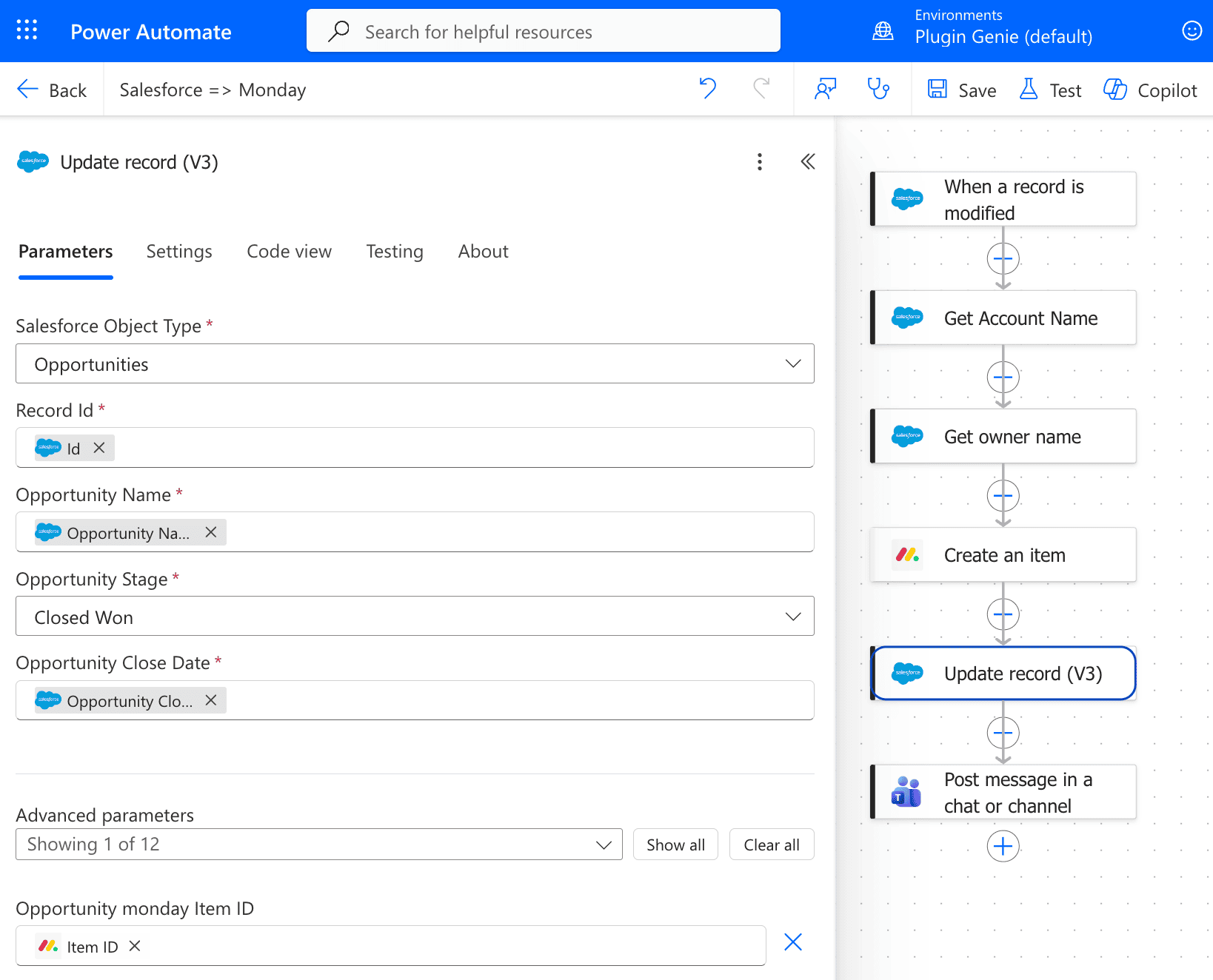 Salesforce Update record action writing the monday.com item ID back to the opportunity