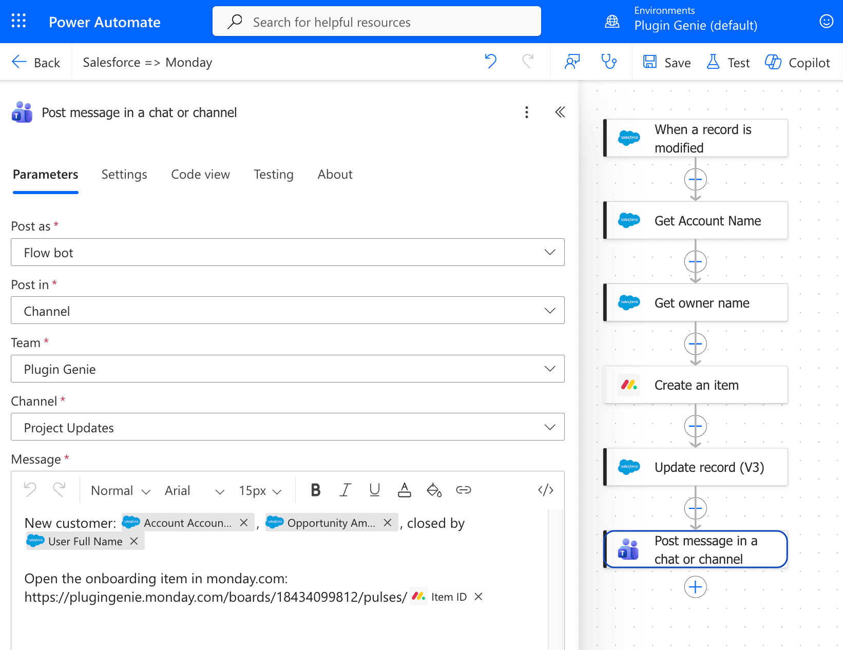 Microsoft Teams Post message action announcing the new customer with a link to the monday.com item
