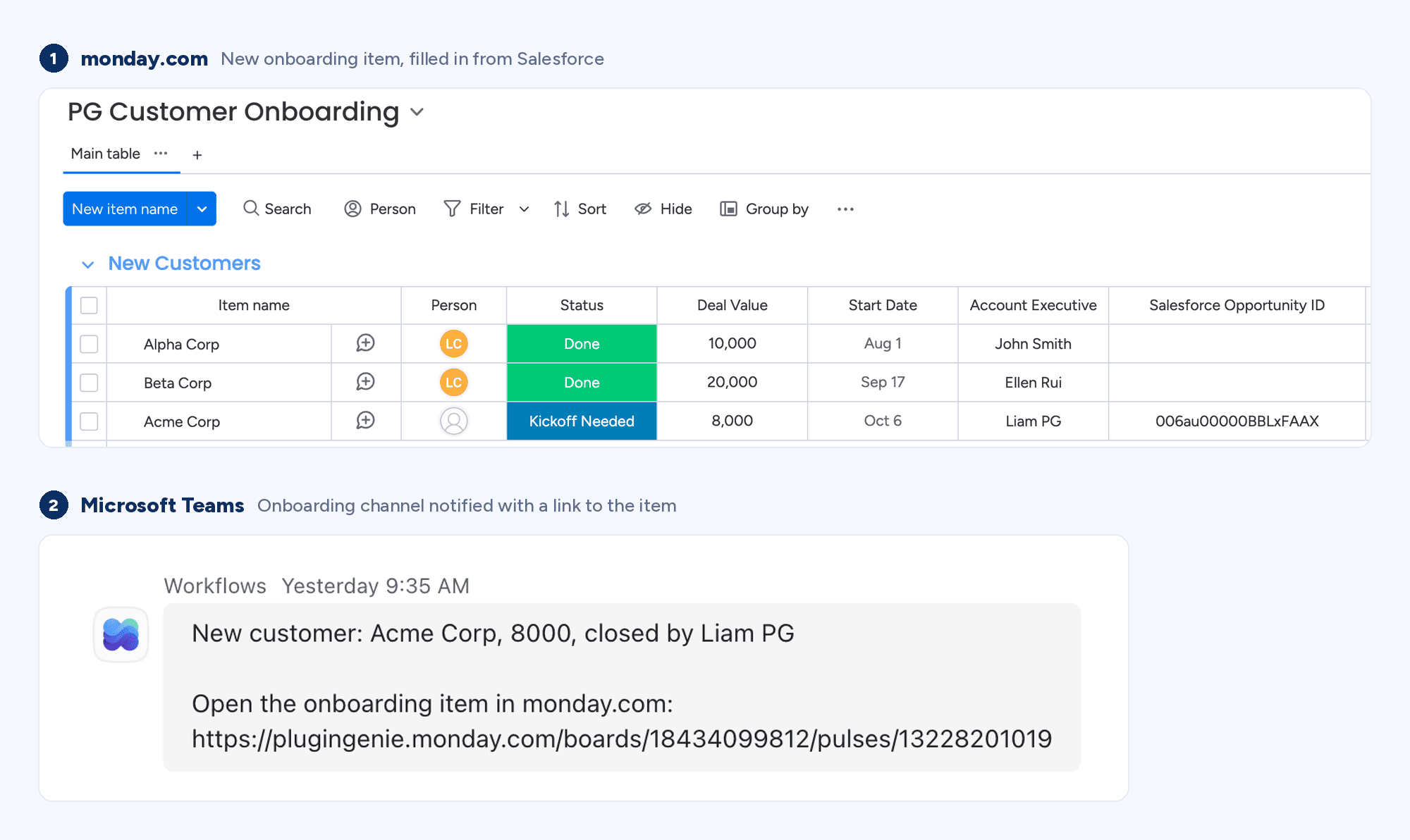 New onboarding item on the monday.com board and the matching message in Microsoft Teams