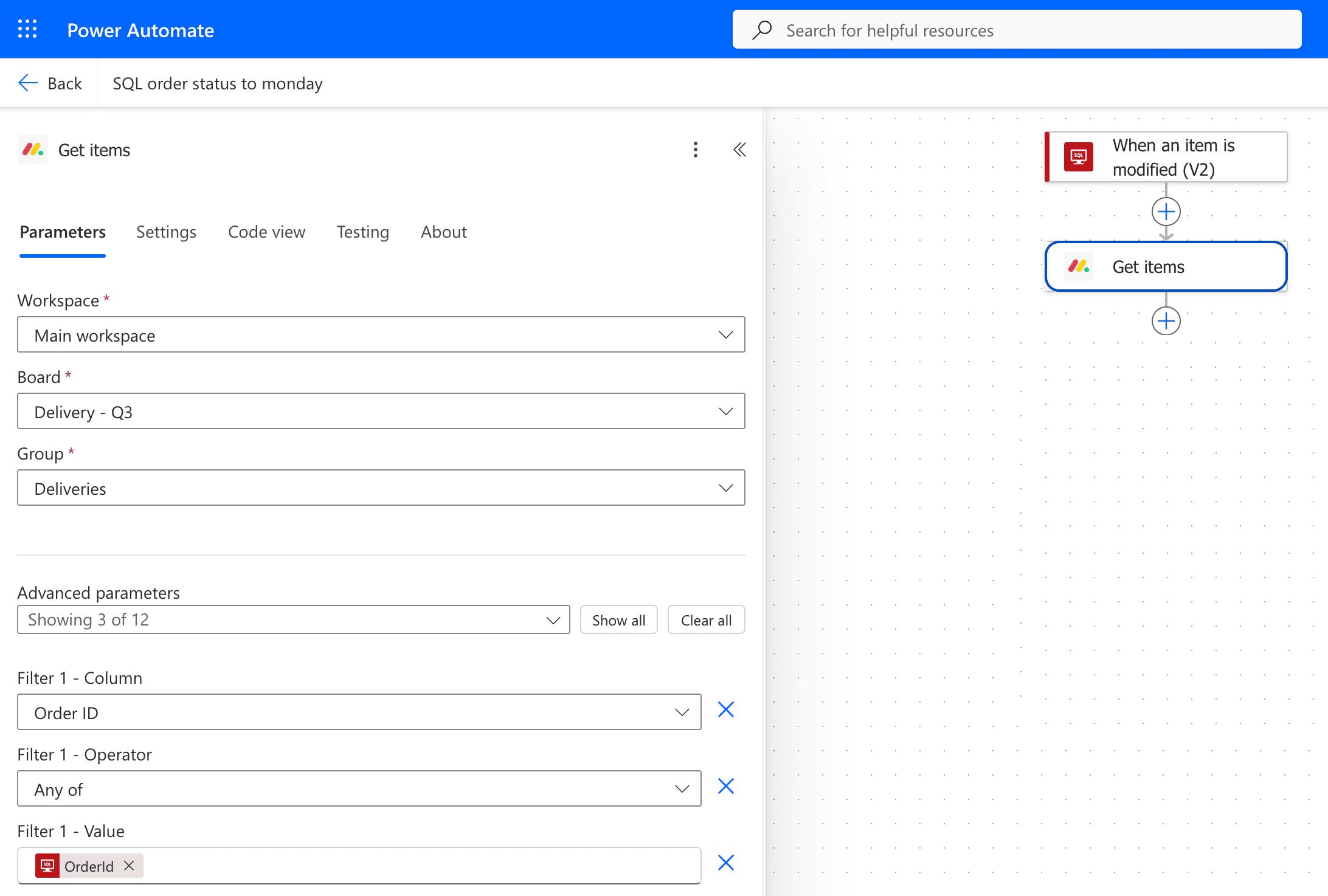 Get items action configured to filter by Order ID