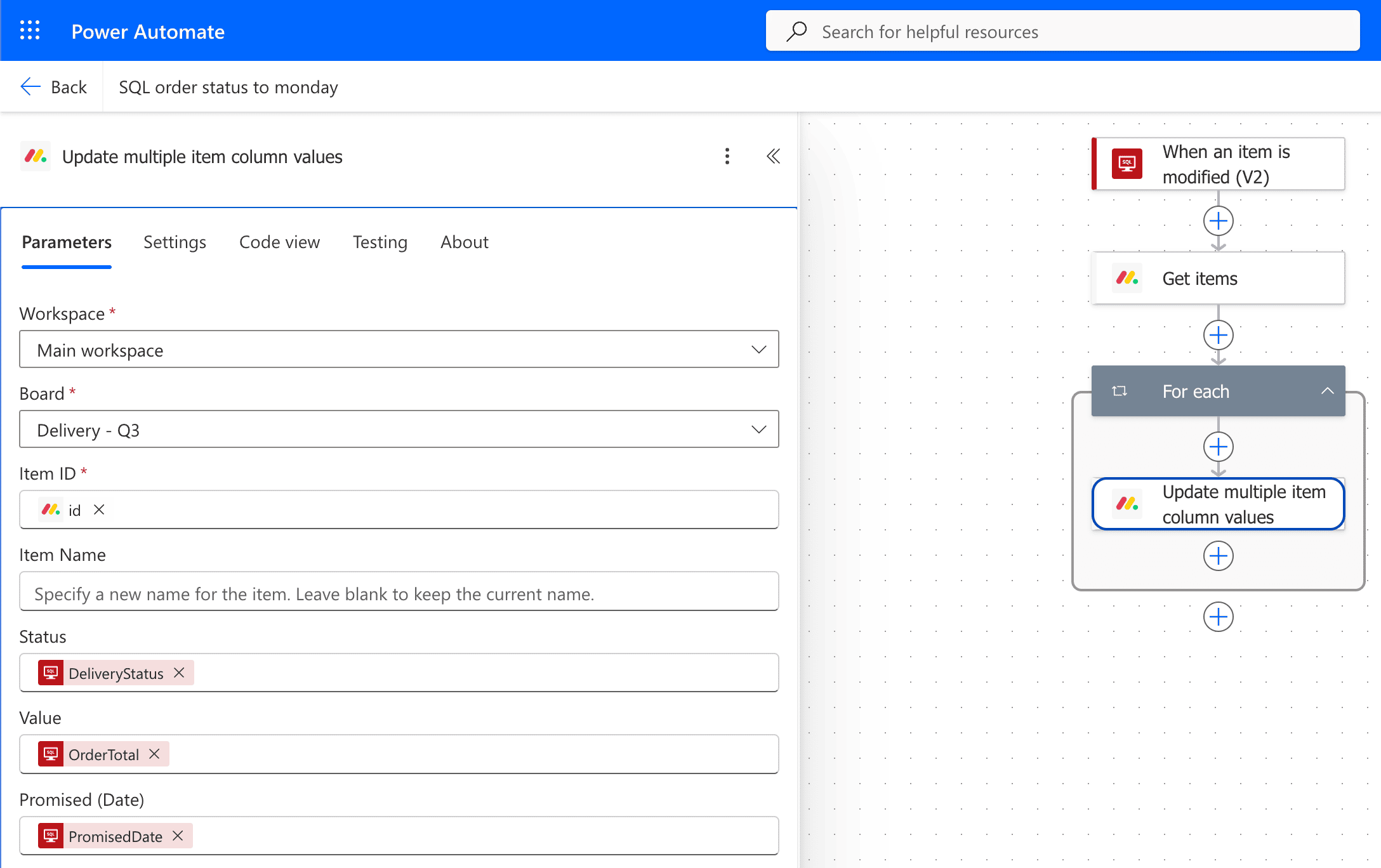 Update multiple item column values action with field mappings