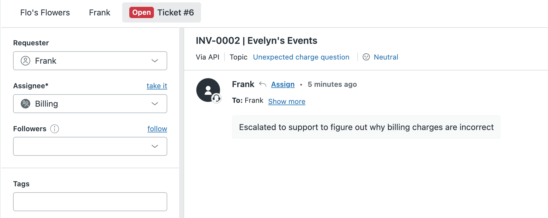 Zendesk ticket automatically created from a monday.com board item, assigned to the Billing group