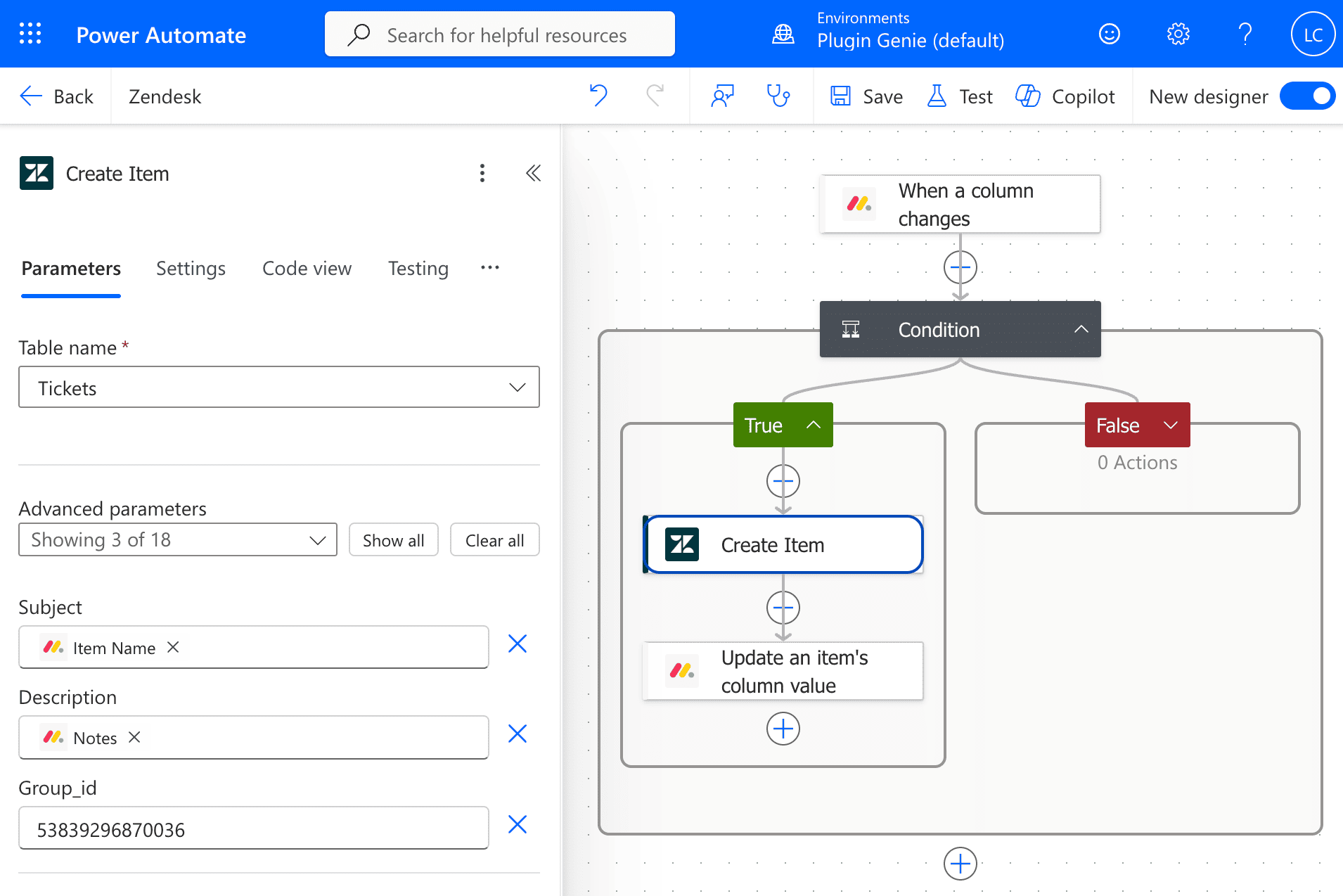 Zendesk Create Item action building a ticket from monday.com fields in Power Automate