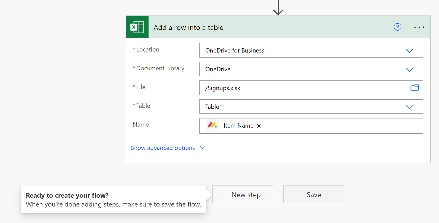 Excel action example