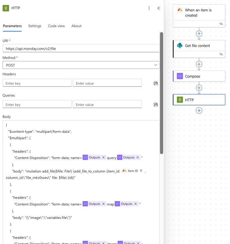 Step 4: Add an HTTP action to upload the file to monday.com